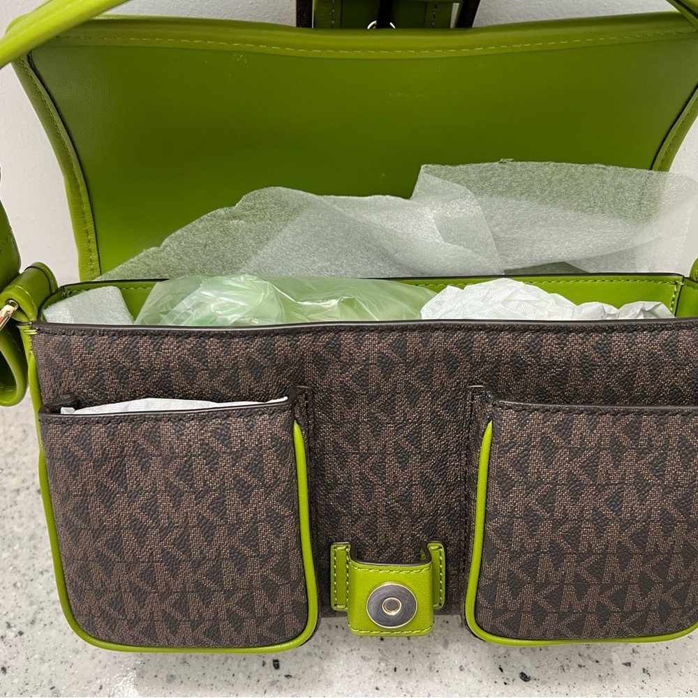 NWOT Michael Kors Brown & Green Monogram Shoulder Bag - Picture 5 of 9